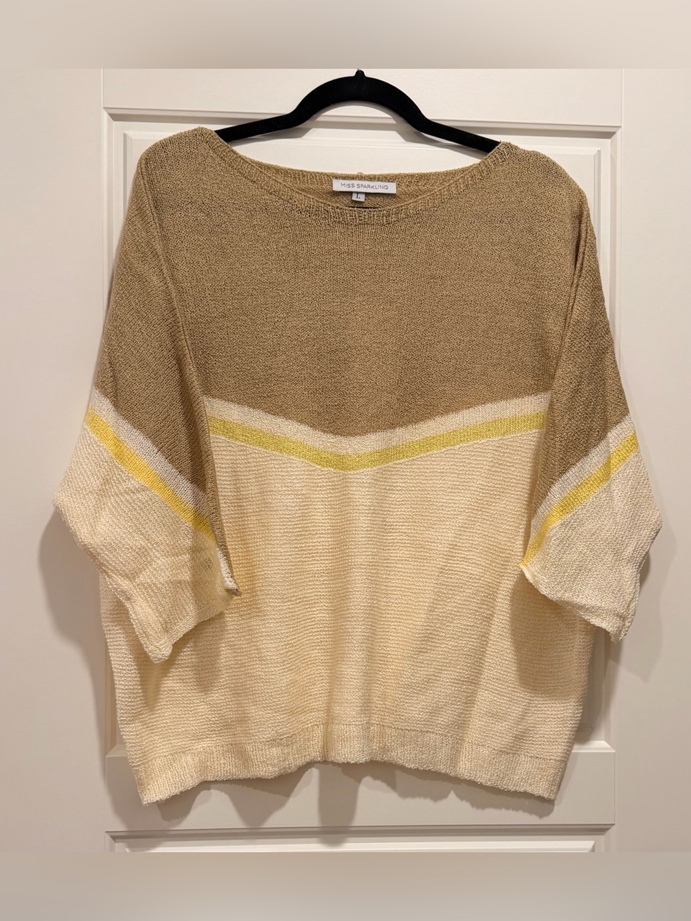 Miss Sparkling Cream and Tan Colorblock Crewneck Sweater with Yellow Trim